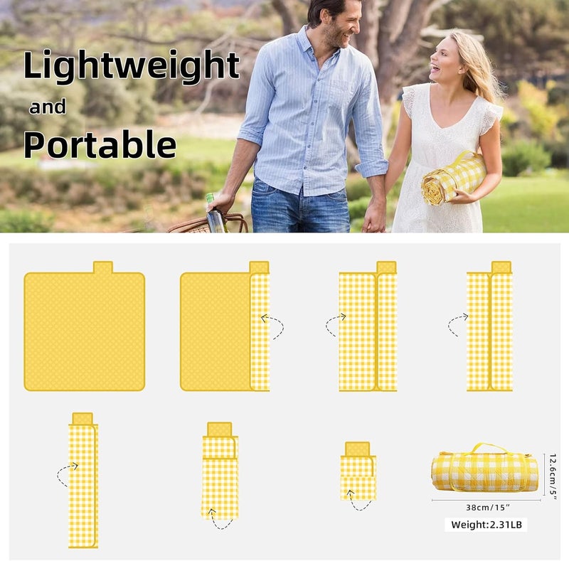 ZAZE Extra Large Picnic Blankets, 80''x80'' Washable Waterproof Foldable Oversized Compact Picnic Mat for Spring Summer Blanket Beach, Camping on Grass (Yellow and White) - Image 5